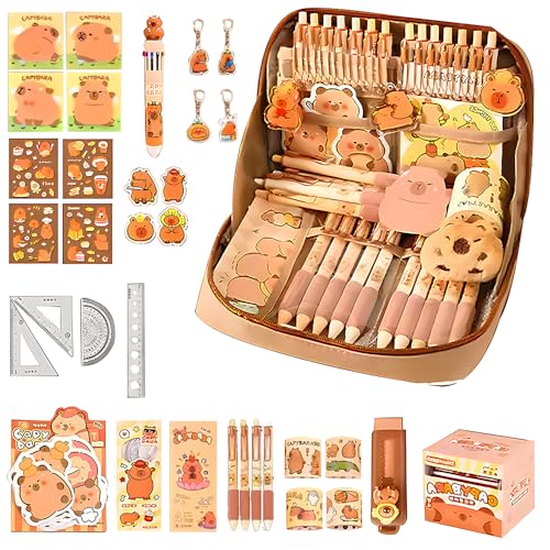 XPJBKC 51 Stück Capybara Federmäppchen, Capybara Schulsachen Set mit 9 Compartments, Niedlichen Capybara MäPpchen mit Capybara Stifte, Clips, Linealen und Mehr, für Büro, Schule, Kinder von XPJBKC