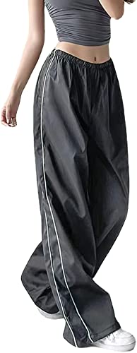 XPONNI Damen Herbst Trackpants, Y2K Style, Plissierte Vorderseite, Lockerer Sitz, Dunkelgrau, M von XPONNI