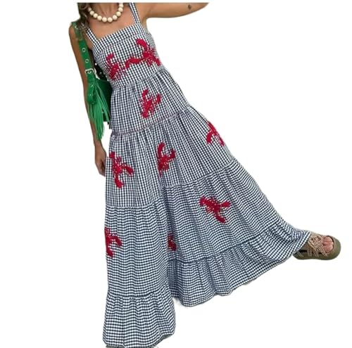 XPONNI Gingham-Kleid, Hummer, Sommerkleid, Maxikleider für Damen, 2024, Shrimp, langes Kleid, fließende Rüschen, Leinen, Sonnenkleid, Schwarz, Klein von XPONNI