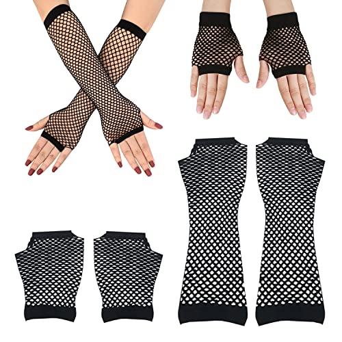 XPOOP 2 Stücke Kurz Fischnetz Handschuhe, Lang Fischnetz Handschuhe, Schwarz Fingerlose Fischnetz Handschuhe, Netz Mesh Handschuhe, Fischnetz Handschuhe, für 80er Kostümabend Partyzubehör von XPOOP
