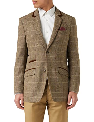 XPOSED of London Herren Classic Tweed Check Blazer in Tan Brown, Grau Herring Bone Vintage Styled Tapped Fit Jacke [AMZCH-BLZ-CARLO-B5-BROWN-50] von XPOSED of London