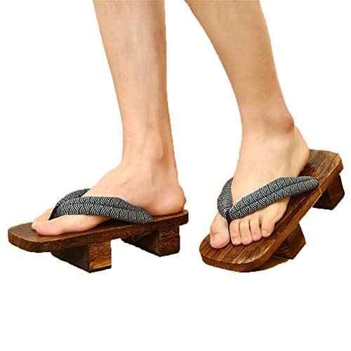 XPuing Herren Bühnenperformance Geta Japanische Holzhausschuhe Clogs Flip Flops Sandalen Schuhe (Schwarz C, numeric_42) von XPuing