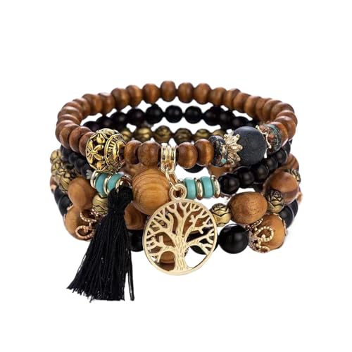 XQMMGO Boho Armbänder Holzperlen Quaste Armband, Chakra Armband für Frauen, Kristall Kristall Perle für Frauen Baum des Lebens Charm Statement Armreifen (Schwarz) von XQMMGO