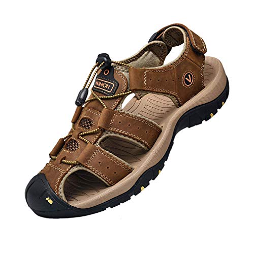 XQXT Sandalen Herren Leder Strand Wandersandale Trekkingsandalen Outdoorschuhe Sommer Freizeitschuhe Wanderschuhe Männer Sport-Outdoor Wasser Fischer Atmungsaktive Sandale Größe 38-48 (43,Braun) von XQXT