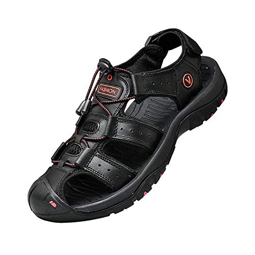 XQXT Sandalen Herren Leder Strand Wandersandale Trekkingsandalen Outdoorschuhe Sommer Freizeitschuhe Wanderschuhe Männer Sport-Outdoor Wasser Fischer Atmungsaktive Sandale Größe 38-48 (45,Schwarz) von XQXT