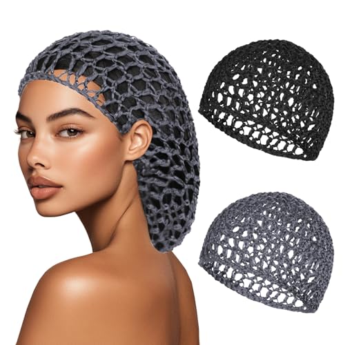 Haarnetze zum Schlafen, Netz, gehäkelt, atmungsaktiv, Schlafmütze für Frauen, wiederverwendbar, elastisches Haarnetz (Schwarz, Grau), 2 Stück von XRACEPHOL