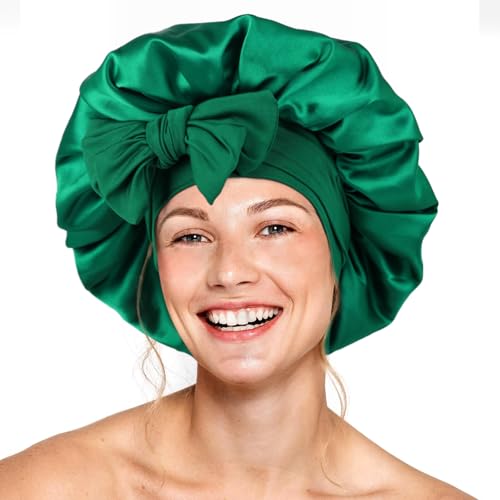 Seidenhaube für schlafende Frauen, doppellagige Satin-Haube, Haarhaube mit elastischem Band, verstellbare Haube für lockiges Haar (Blaugrün) von XRACEPHOL