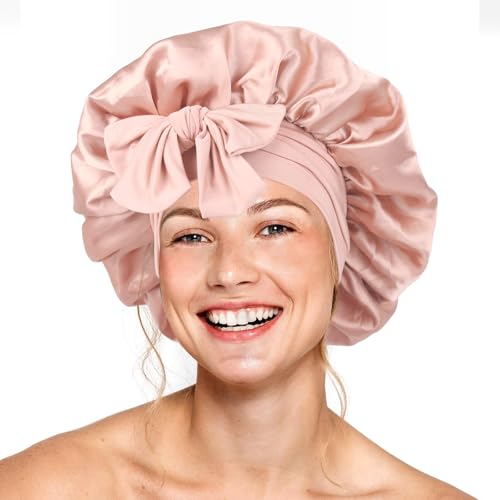 Seidenhaube für schlafende Frauen, doppellagige Satin-Haube, Haarhaube mit elastischem Band, verstellbare Haube für lockiges Haar (Champagner) von XRACEPHOL