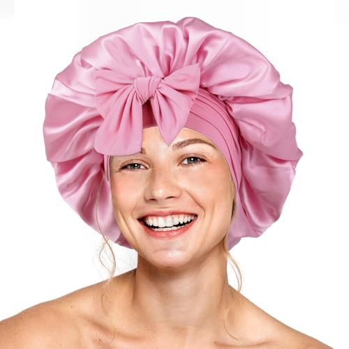 Seidenhaube für schlafende Frauen, doppellagige Satin-Haube, Haarhaube mit elastischem Band, verstellbare Haube für lockiges Haar (Hellrosarot) von XRACEPHOL