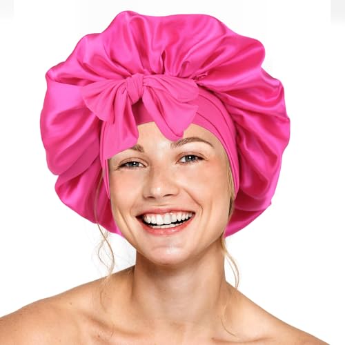 Seidenhaube für schlafende Frauen, doppellagige Satin-Haube, Haarhaube mit elastischem Band, verstellbare Haube für lockiges Haar (Hot Pink) von XRACEPHOL