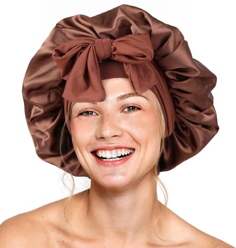 Seidenhaube für schlafende Frauen, doppellagige Satin-Haube, Haarhaube mit elastischem Band, verstellbare Haube für lockiges Haar (Kaffee) von XRACEPHOL