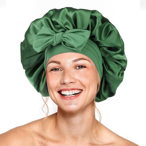 Seidenhaube für schlafende Frauen, doppellagige Satin-Haube, Haarhaube mit elastischem Band, verstellbare Haube für lockiges Haar (Olivgrün) von XRACEPHOL