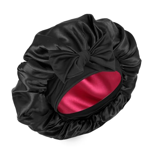 Seidenhaube für schlafende Frauen, doppellagige Satin-Haube, Haarhaube mit elastischem Band, verstellbare Haube für lockiges Haar (Schwarz und Weinrot) von XRACEPHOL