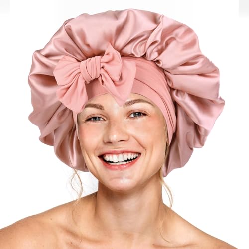 Seidenhaube für schlafende Frauen, doppellagige Satin-Haube, Haarhaube mit elastischem Band, verstellbare Haube für lockiges Haar (helles Roségold) von XRACEPHOL