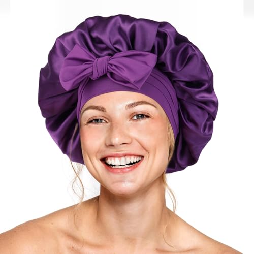 Seidenhaube für schlafende Frauen, doppellagige Satin-Haube, Haarhaube mit elastischem Band, verstellbare Haube für lockiges Haar (lila) von XRACEPHOL
