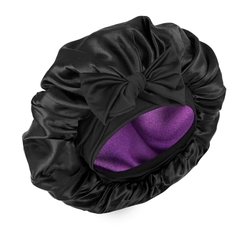 Seidenhaube für schlafende Frauen, doppellagige Satin-Haube, Haarhaube mit elastischem Band, verstellbare Haube für lockiges Haar (schwarz und lila) von XRACEPHOL
