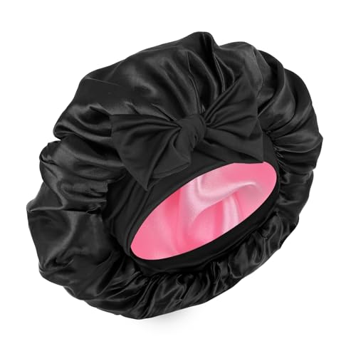 Seidenhaube für schlafende Frauen, doppellagige Satin-Haube, Haarhaube mit elastischem Band, verstellbare Haube für lockiges Haar (schwarz und rosa) von XRACEPHOL