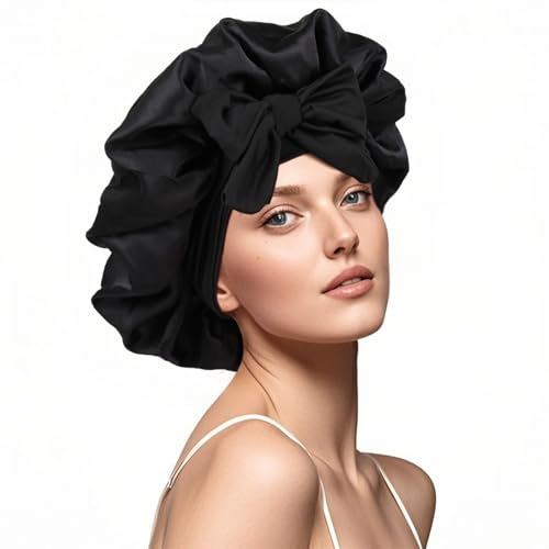 Seidenhaube zum Schlafen für Damen, doppellagig, Satin-Haarhaube, Schlafmützen mit elastischem Band, verstellbare Hauben für Damen (schwarz) von XRACEPHOL