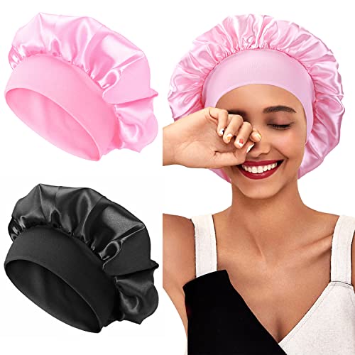 XRACEPHOL 2 Stück Satin Schlafknospen für schwarze Frauen, atmungsaktive Satin-Schlafkappe, Breites Gummiband, Schlafkappe, Schlafkapo (Schwarz + Rosa) von XRACEPHOL