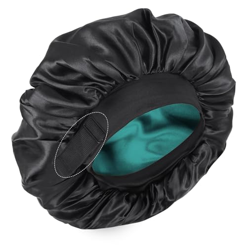 XRACEPHOL Seidenkappe zum Schlafen doppelschichtiger Satinkappe verstellbare Kappen für Schwarze Frauen Schlafmütze Reversible Haarkappe für lockiges Haar (schwarz und blaugrün) von XRACEPHOL