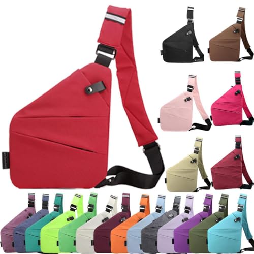 Anti Diebstahl Tasche, Umhängetasche, Schultertasche, Brusttasche, Diebstahlsichere Tasche, Anti-Diebstahl, Sicherheitstasche Reise für Damen und Herren,Linke Schulter- Reinrot von XRDSHY