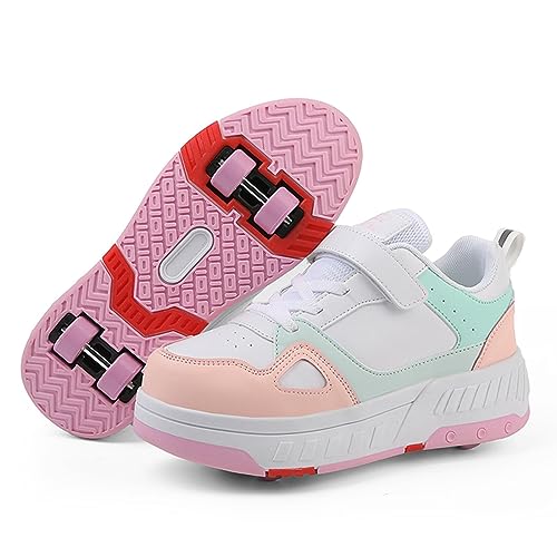 XRDSHY Schuhe Mit Rollen Abnehmbar Technischer Skateboardschuhe Sport Schuhe Kinder Rollschuhe Outdoor Turnschuhe Jungen und Mädchen 4 Rollschuhe,Pink-32 EU von XRDSHY