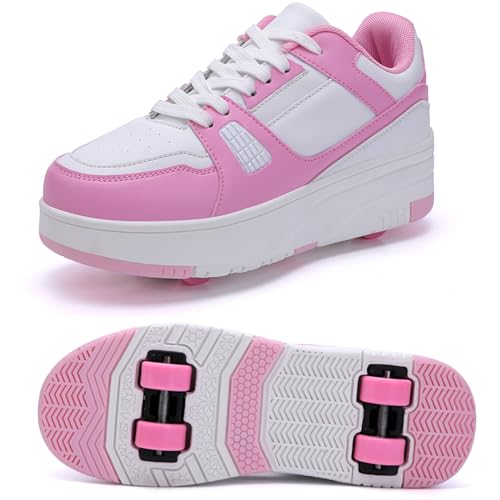 XRDSHY Schuhe mit Rollen für Jungen Mädchen, Skateboardschuhe Sportschuhe Turnschuhe Kinder Erwachsene, 2 in 1 Multifunktionale 4 Rollen Rollschuhe, Pink B-31 EU von XRDSHY