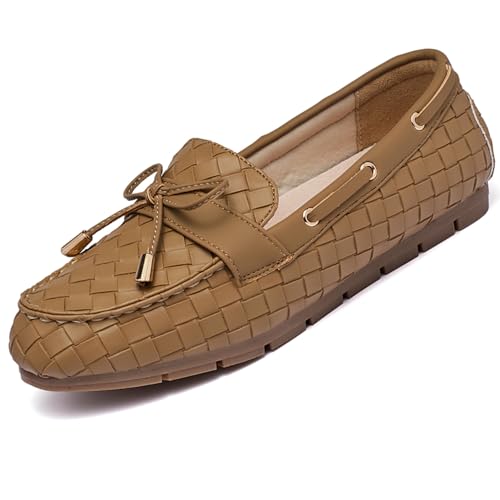Damen Loafer Casual On Flache Schuhe Klassisch und Bequem, Khaki-Gewebe, 43 EU Weit von XRKJ