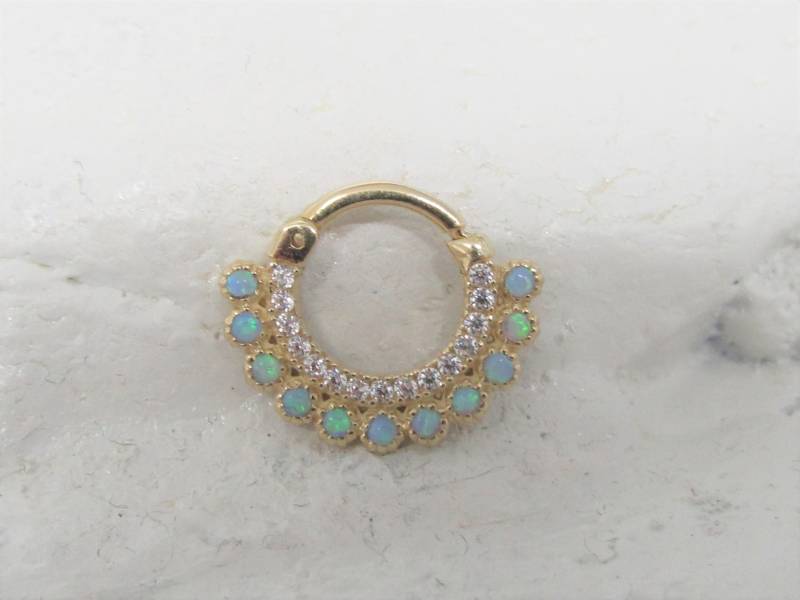 14K Gold Blauer Opal Clicker Ring..16G..8 Mm..solides von XSBodyJewelry
