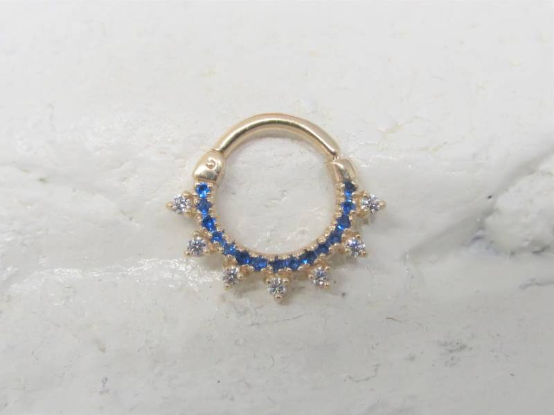 14K Gold Septum, Daith Piercing Blau Und Klar Cz Böhmisch Clicker Ring... 16G... 8mm von XSBodyJewelry