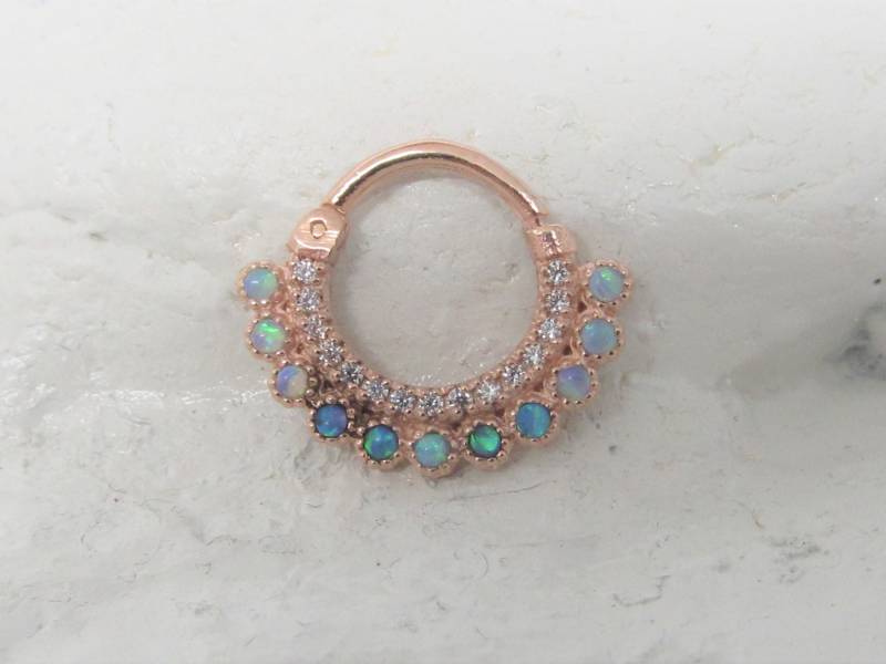 14K Rose Gold Septum Blau Opale, Daith Clicker Ring ..16G ..8 Mm | Innendurchmesser ..solid von XSBodyJewelry