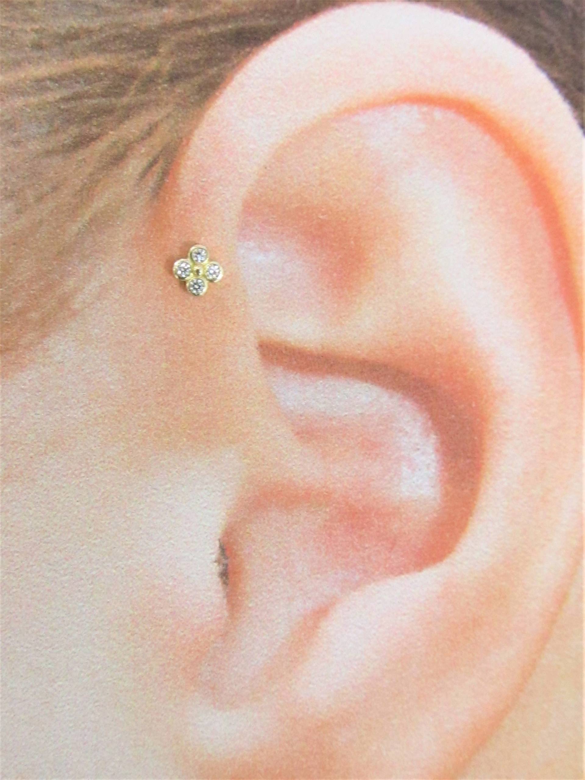 14K Solid Gold Helix Piercing Bezel Set 4Cz Labret Ring..16G..6 Mm von XSBodyJewelry