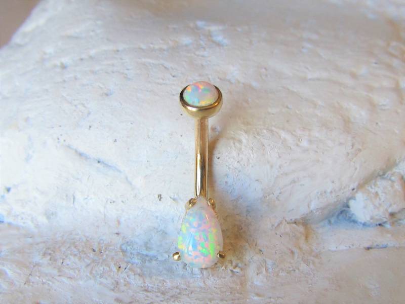 14K Solid Gold Opal Tropfen Nabel Bauchnabel Ring, Innengewinde..14G..10 Mm von XSBodyJewelry
