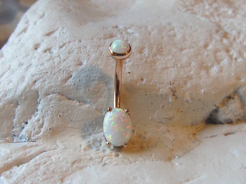 14K Solid Rose Gold, Weiße Runde Und Ovale Opale, Wunderschön Intern Gefädelter Nabel, Bauchring von XSBodyJewelry
