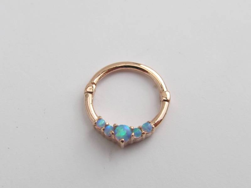 14K Solid Rose Gold Septum, Daith Clicker Ring Mit Blauen Opalen ...16G ...8 Mm Oder 10 von XSBodyJewelry