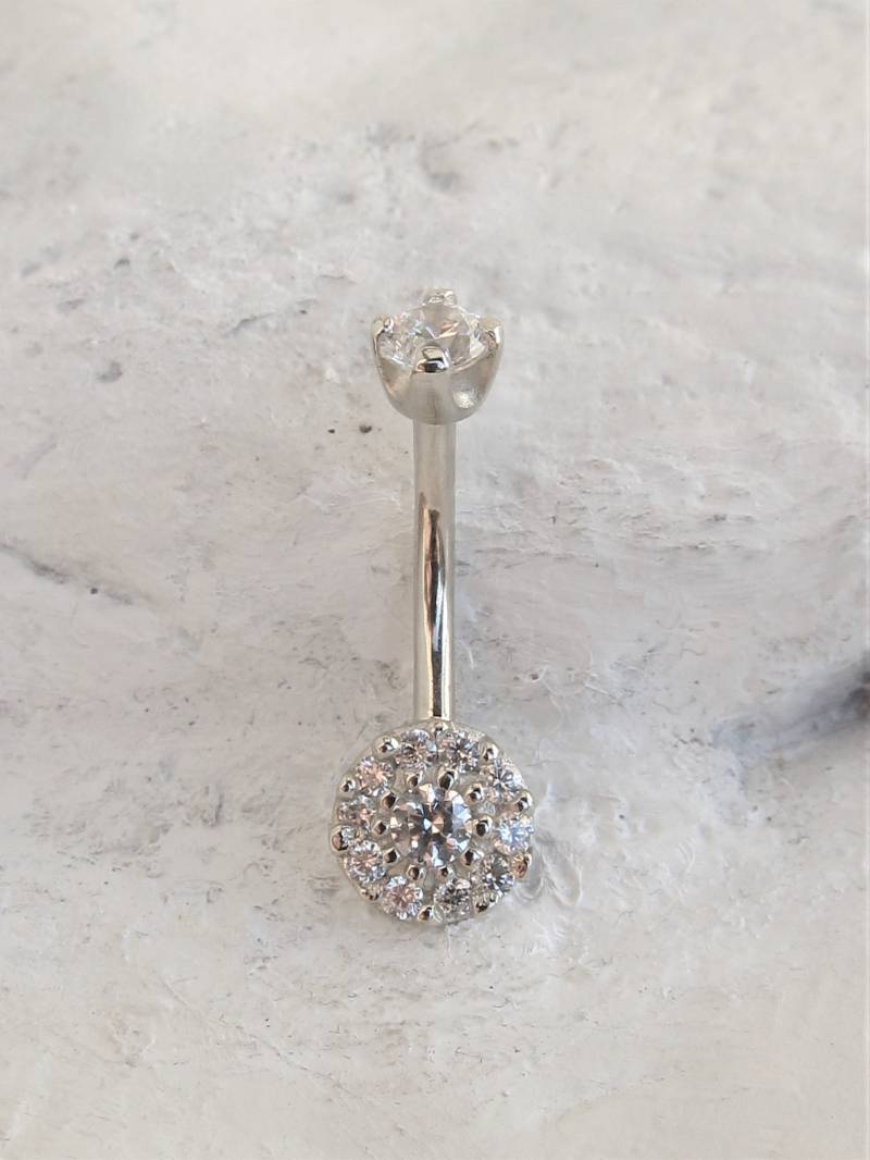 14K Solid White Gold Bauchnabel Ring Prung Top Multistone Kleine Blume.innengefädelt ..14G ..10 Mm von XSBodyJewelry