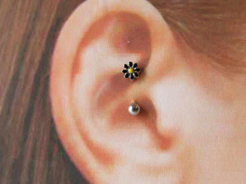 Daith Piercing Chirurgenstahl Schwarze Blume Curved Barbell..16G...8 Mm von XSBodyJewelry