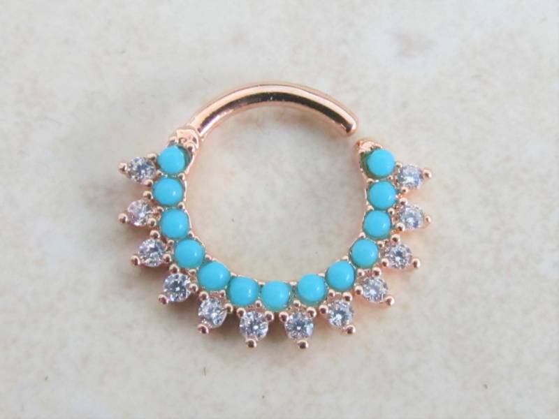 Rose Gold Überzogene Daith, Septum Piercing Cz Und Türkis Gefüttert Biegbarer Hoop Ring ..16G ..5/16 | 8 Mm von XSBodyJewelry