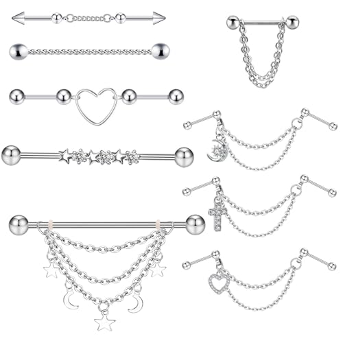 XSDSLS 16G Industrial Piercing Edelstahl Industrial Piercing Bars Industrial Ohrringe Helix Ohr Kette für Damen (Silber) von XSDSLS