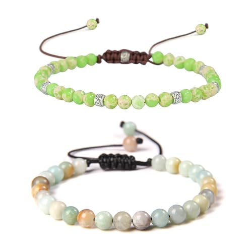 XSDSLS 2 PCS Verstellbar Damen Yoga Armband Set Handgefertigt String Naturstein Armband Perlen Armband Verstellbare Kaiser Stein Armbänder Kristall Perlen Armband für Frauen Mädchen (Grün) von XSDSLS