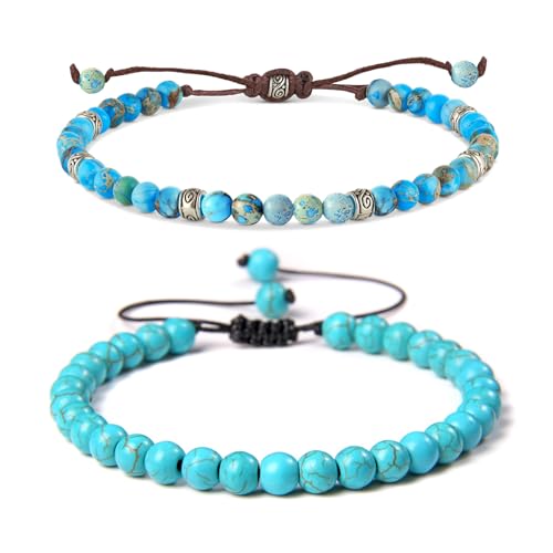 XSDSLS 2 PCS Verstellbar Damen Yoga Armband Set Handgefertigt String Naturstein Armband Perlen Armband Verstellbare Kaiser Stein Armbänder Kristall Perlen Armband für Frauen Mädchen (Seeblau) von XSDSLS