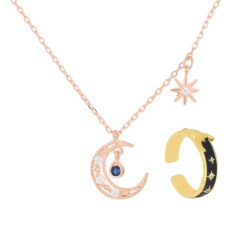 XSDSLS 2 Stück Damen Schmuck Set mit Stern Mond,Halskette Ringe,Stern Mond Anhänger Halskette Ringe Fingerring Daumenring Knuckle Ring Jubiläum Geschenke für Frauen Mädchen (Roségold und Schwarz) von XSDSLS