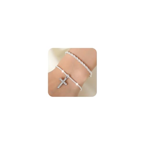 XSDSLS 2 Stück Kreuz Armband für Damen Gold Silber Armband mit Kreuz Anhänger Verdrehte Kette Armband Stapelbar CZ Kreuz Anhänger Armbänder Einstellbare Armband Geschenke für Frauen Mädchen (Silber) von XSDSLS