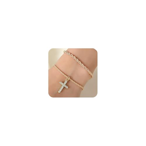 XSDSLS 2 Stück Kreuz Armband für Damen Gold Silber Armband mit Kreuz Anhänger Verdrehte Kette Armband Stapelbar CZ Kreuz Anhänger Armbänder Einstellbare Armband Geschenke für Frauen Mädchen (Gold) von XSDSLS