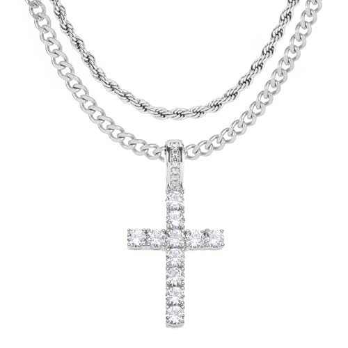 XSDSLS 2 Stück Kreuz Halskette für Damen Edelstahl Halskette mit Kreuz Anhänger Gold Silber Stapelbar CZ Kreuz Choker Verdrehte Kette Halskette Geschenke für Frauen Mädchen (Silber) von XSDSLS