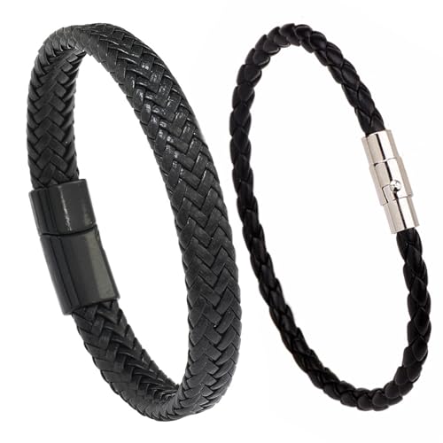 XSDSLS 2 Stück Lederarmband Schwarz für Herren Leder Geflochten Armband mit Magnetverschluss Stapelbar Leder Armbänder Geburtstag Valentinstag Geschenke für Herren Männer (Schwarz Set 1) von XSDSLS