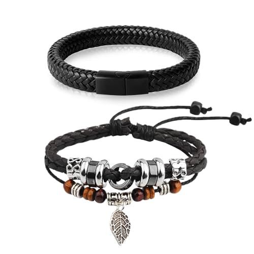 XSDSLS 2 Stück Lederarmband für Herren Leder Geflochten Armband mit Magnetverschluss,Mehrschichtiges Geflochten Armbänder Laub Anhänger Geschenke für Herren Männer (Schwarz) von XSDSLS