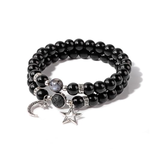 XSDSLS 2 Stück Naturstein Armbänder Damen,Stern Mond Charm Armband,8MM Perlen Armband Mehrschichtiges perlenarmbänder,Handmade Elastische Armband Geschenke (Lavastein) von XSDSLS