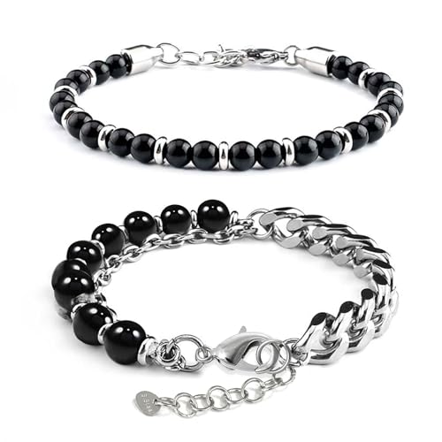 XSDSLS 2 Stück Naturstein Perlenarmband Herren Verstellbarem Edelstahl Armbänder Tigerauge Armband Perlenarmbänder Kristall-Perlen Armband Geschenke Für Männer (Schwarzer Glanzstein) von XSDSLS