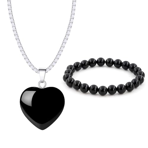 XSDSLS 2 Stück Naturstein Schmuck Set für Damen 8mm Perlenarmband Halskette mit Edelstein Herz Anhänger Kristall Naturstein Armbänder Geschenke Für Frauen (Obsidian) von XSDSLS